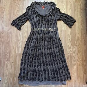 Sundance Womens Silk Midi Dress‎ 4 Taupe Feather Print Beaded Sequin Boho Luxury